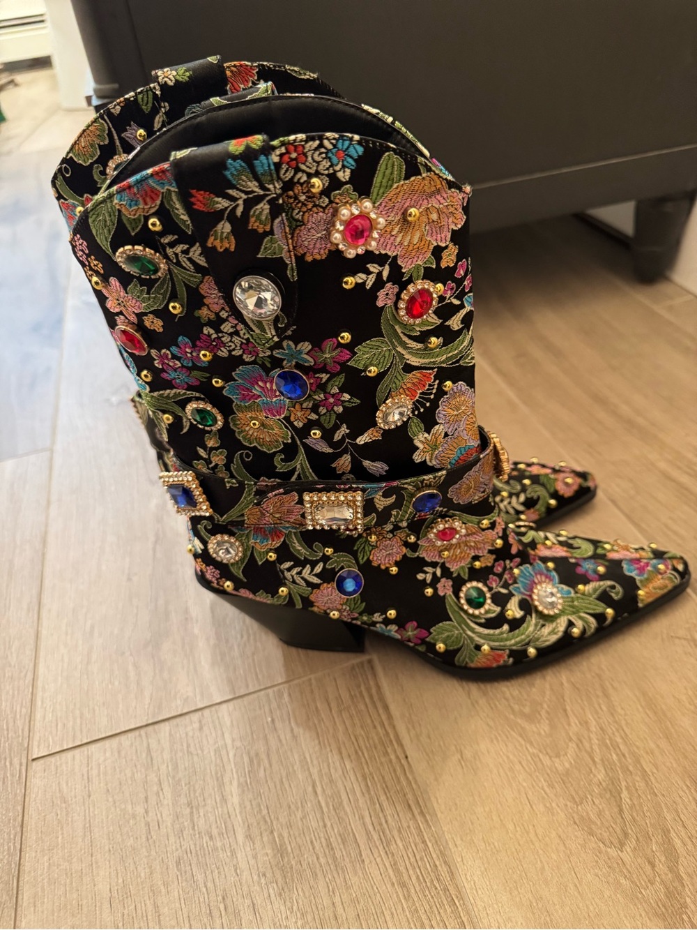 Embellished Black Floral Mid-Calf Boots with Multicolor Gem Accents - Picture 4 of 7